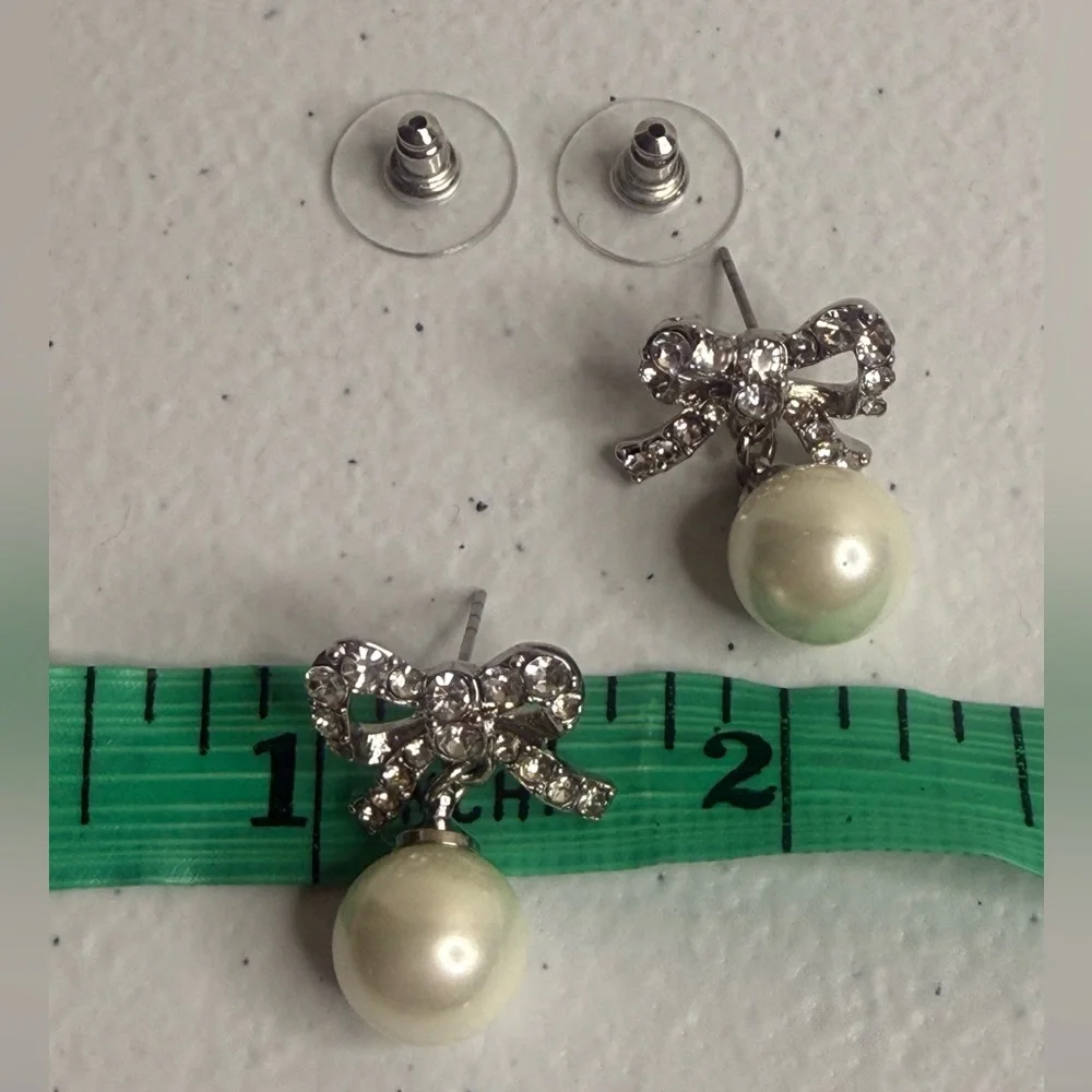 NWT Charter Club Silver Tone Bow with Drop Faux Pearl Stud Earrings - Picture 6 of 6